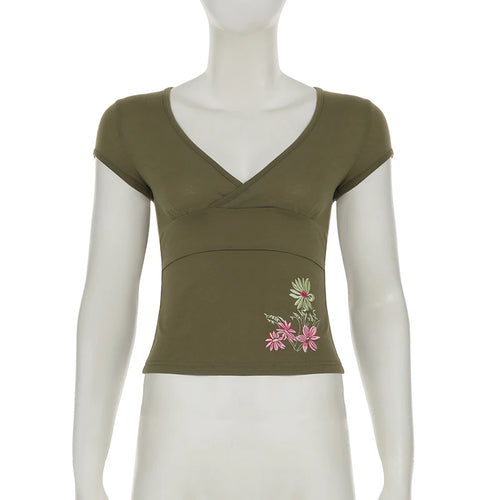 SUCHCUTE Retro Geen Floral Embroidery V Neck Cap Sleeve Tops Y2k