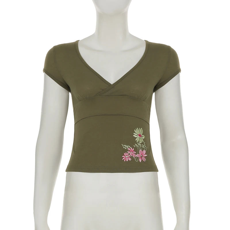 SUCHCUTE Retro Geen Floral Embroidery V Neck Cap Sleeve Tops Y2k
