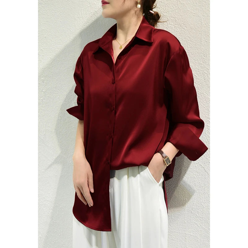 All-match Satin Finish Shirts And Blouses Women Clothing Casual Top OL