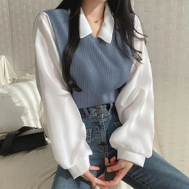 False Two-piece Polo Collar Women's Blouse Spring Casual Korean Shirt
