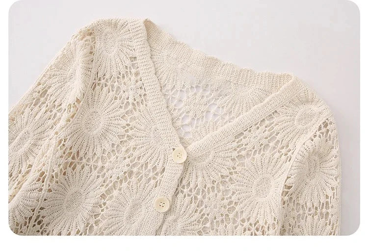 Daisy Crochet Cardigan Women Embroidered Floral Long Sleeve Button Up