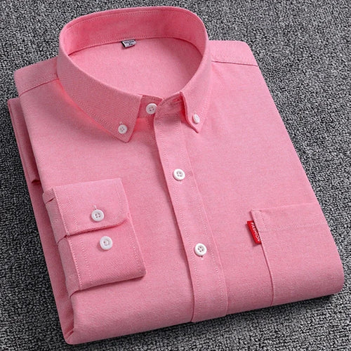 5XL Men's Oxford Long Sleeve Shirts 100% Cotton Solid Color Turn Down