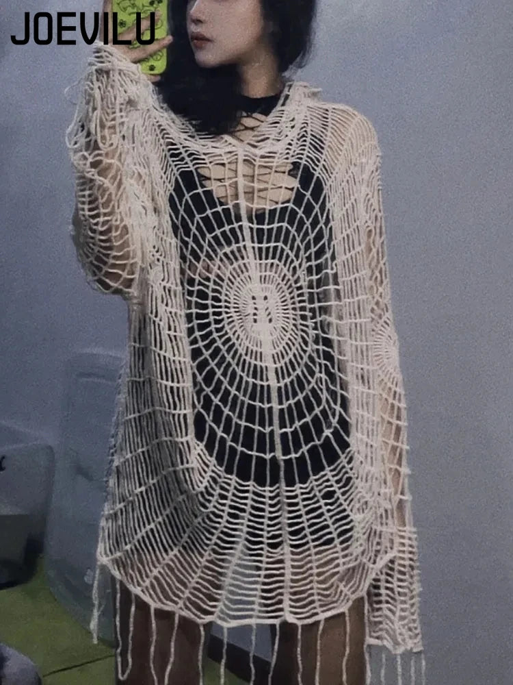 JOEVILU Hollow Knit Hooded Tops Women's Goth Spider Web Sweaters
