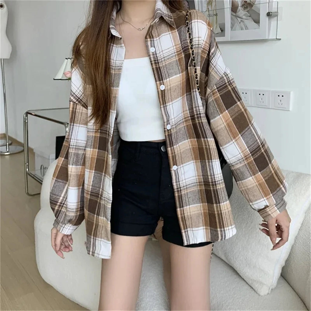 Korean Plaid Blouses for Women Fashion Long Sleeve Check Shirt Ladies