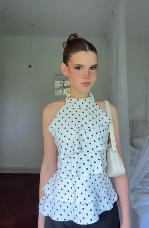 Polka Dot Print Halter Tiered Ruffle Top Women Back Tie Bow Sleeveless
