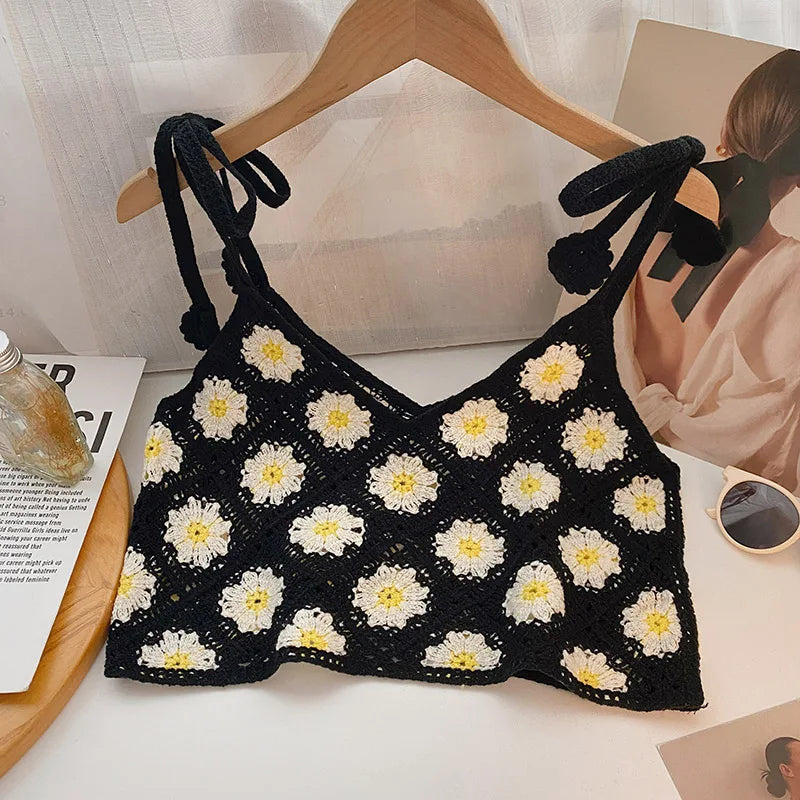 Floral Crochet Top with Tie Shoulder Strap Open-knit Cami Tank Women
