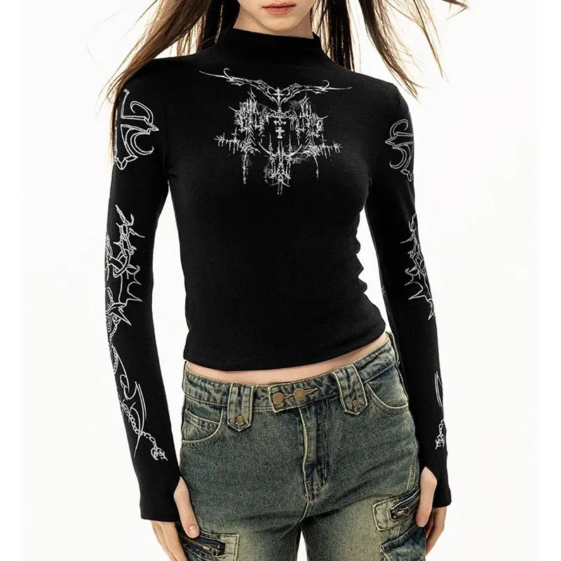 Grunge Women T-Shirt Y2k Aesthetics Half high neck Tees Graphical