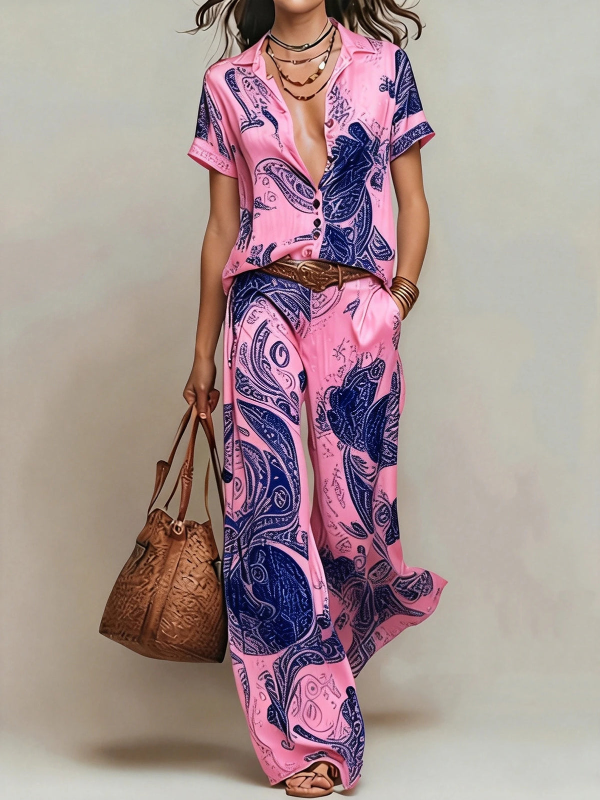 Women's Boho Paisley Print Two-Piece Set V-Neck Short Sleeve Blouse
