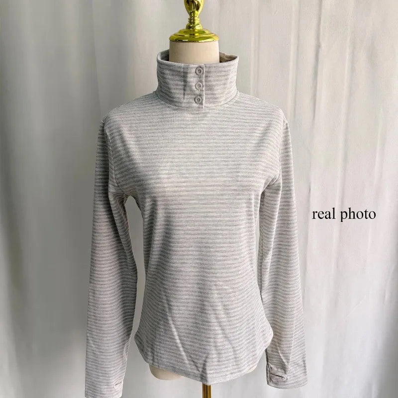 Kimotimo Retro Striped Turtleneck Long Sleeve T-shirts Women 2026 New
