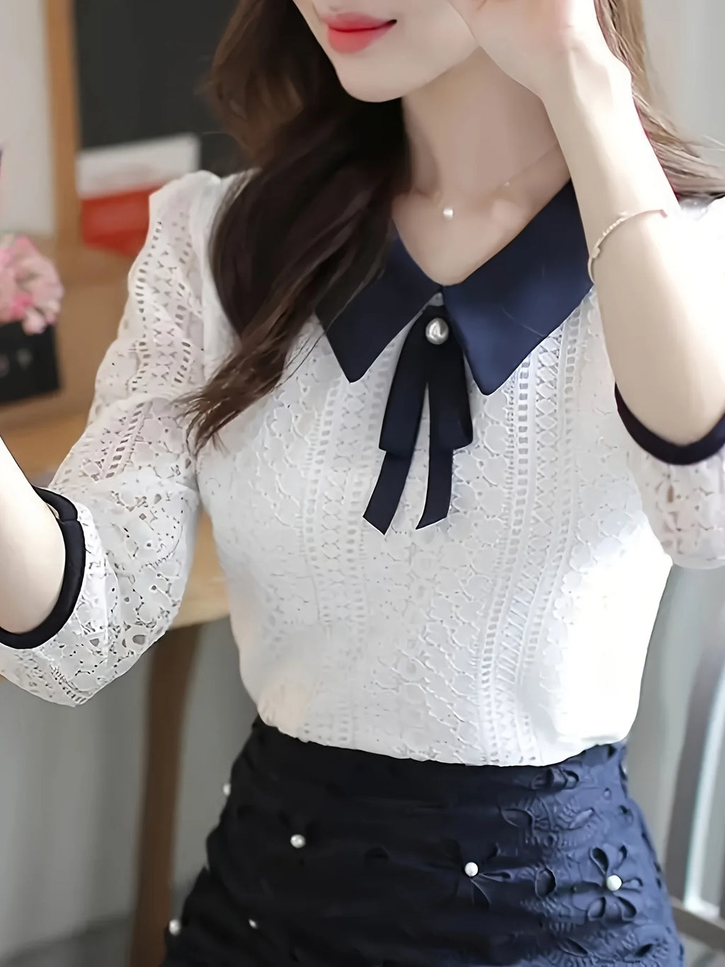 Women's Spring Autumn Style Lace Blouses Shirt Women Peter Pan Collar