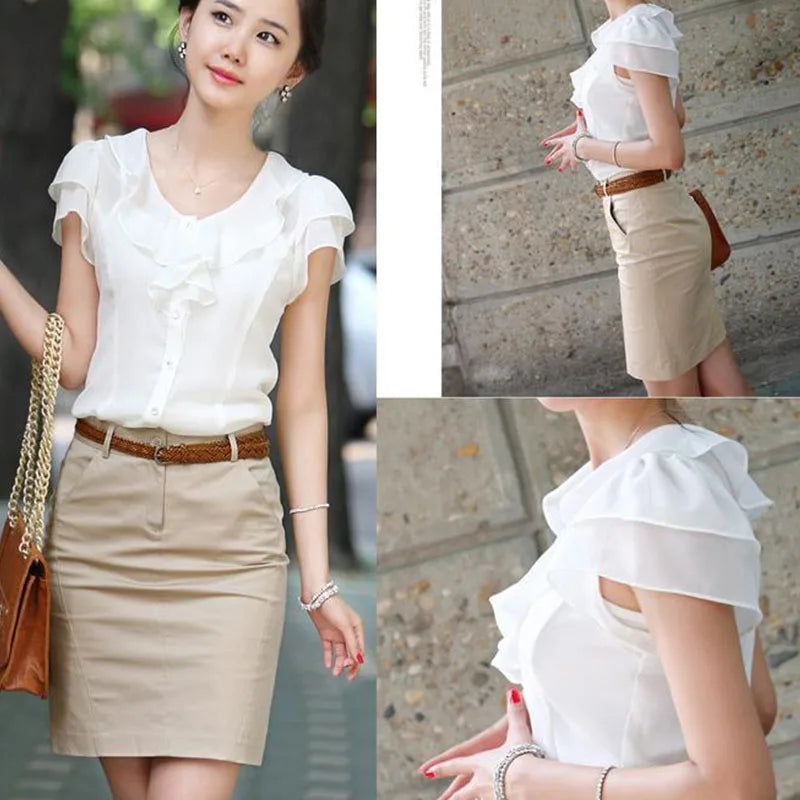 1pcs Woman Summer Korean Ruffled Shirt Lady Chiffon Lotus Leaf Sleeves