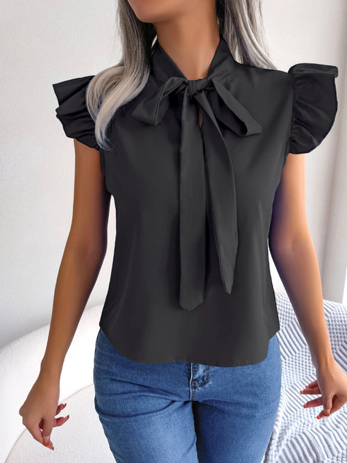 Women's Casual Bow Ruffle Short Sleeve Chiffon Blouse V Neck Lace Up