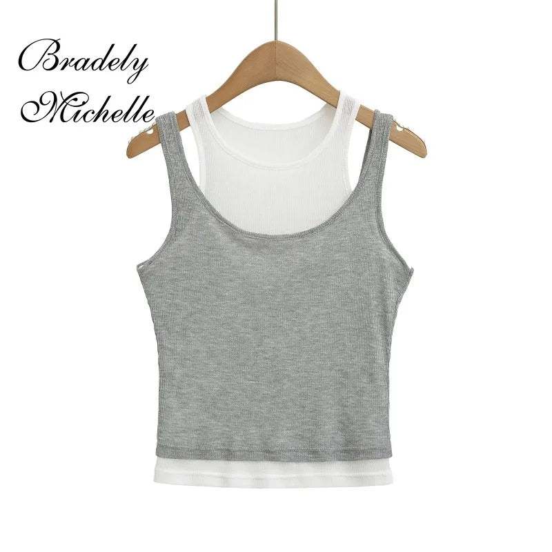 Stacked Double-layer Round Neck Women Sleeveless Cropped Tank Crop