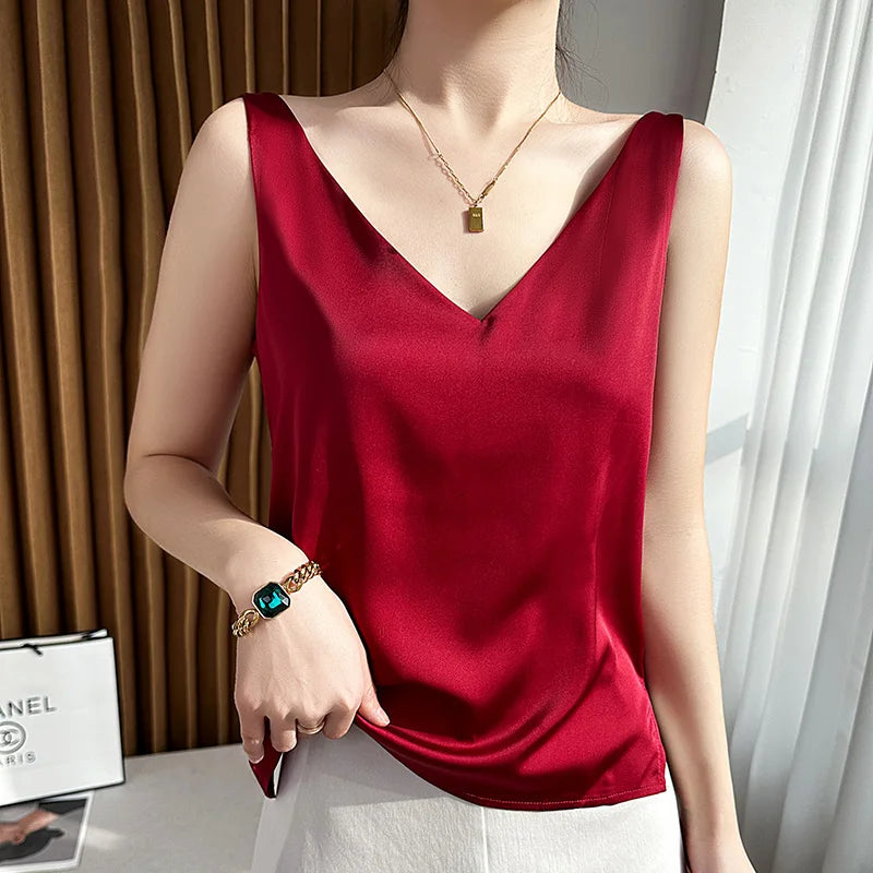 Silk Satin Women Double Shoulder Camisole Tank Top V-neck Sleeveless