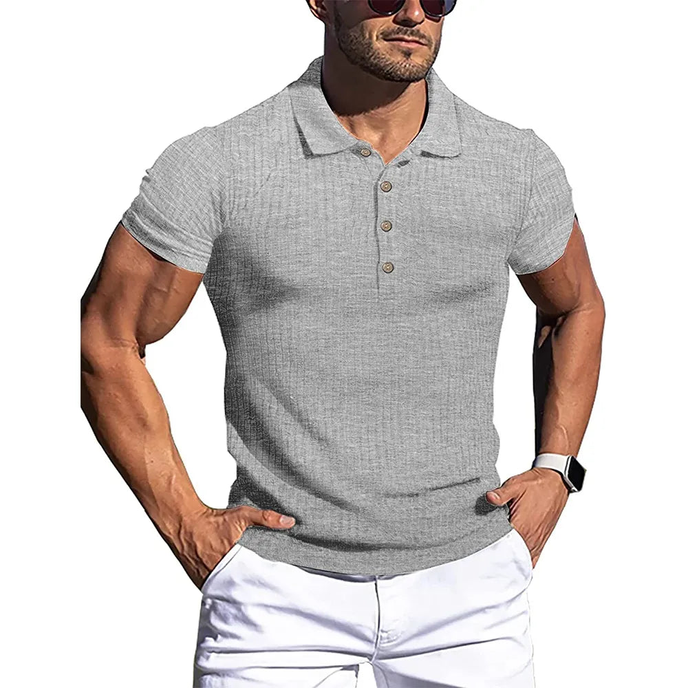 New Summer Polo Men Solid Stripe Fitness Elasticity Short Sleeve Polo