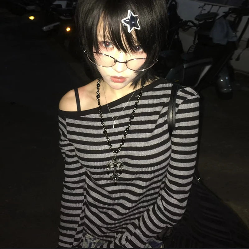 Genayooa Japanese Y2k T-shirt Women Long Sleeve Off Shoulder Striped