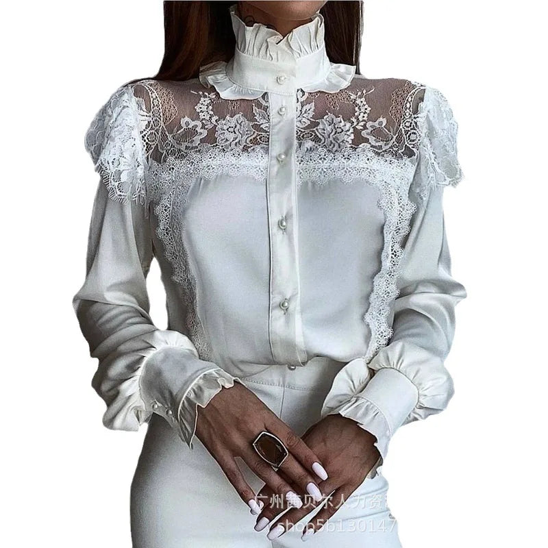 Women Lace Solid Color Casual Shirt White High Collar Mesh Lace
