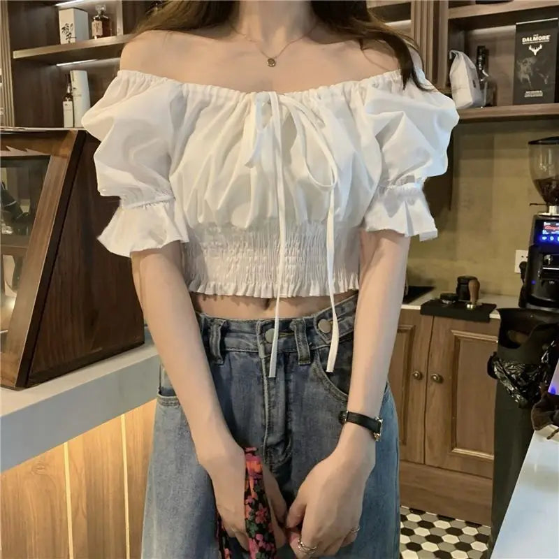 Summer Off Shoulder Lace Up Short Sleeve Blouse Women Crop Top White