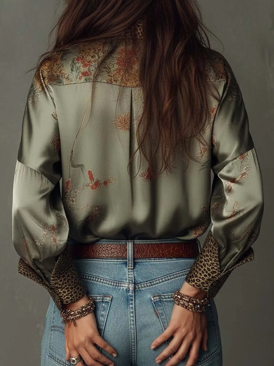 Retro Floral Print Loose Blouse Women Leopard Splice Lapel Button Long