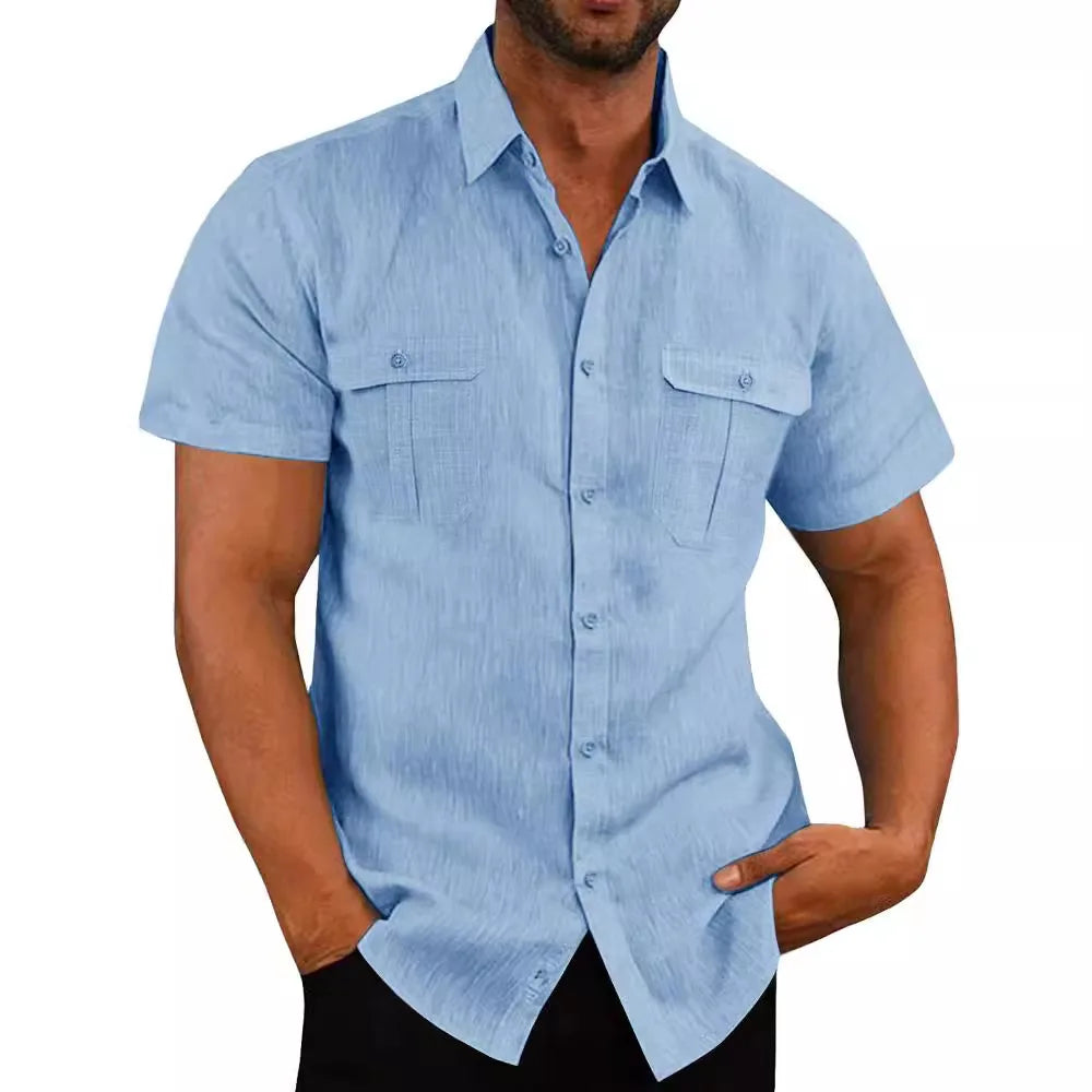 Men's Shirt Double Pocket Cotton Linen Short Sleeve Shirts for Men
