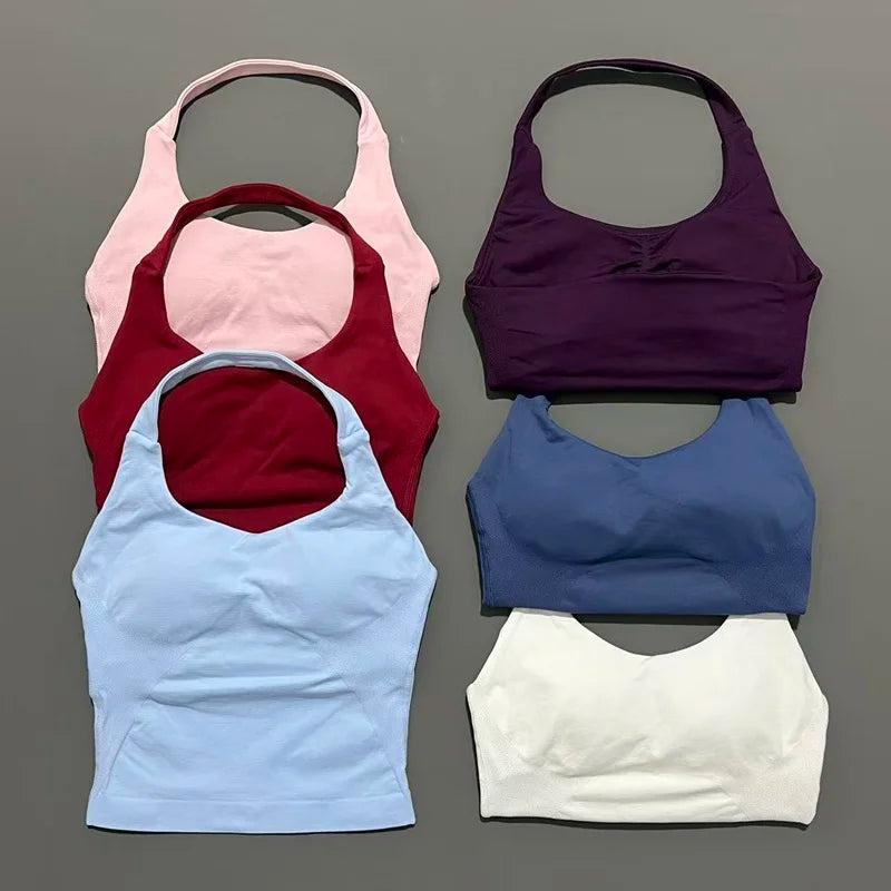Histello Longline Strappy Top Women Sports Tank Halter Seamless Ruched