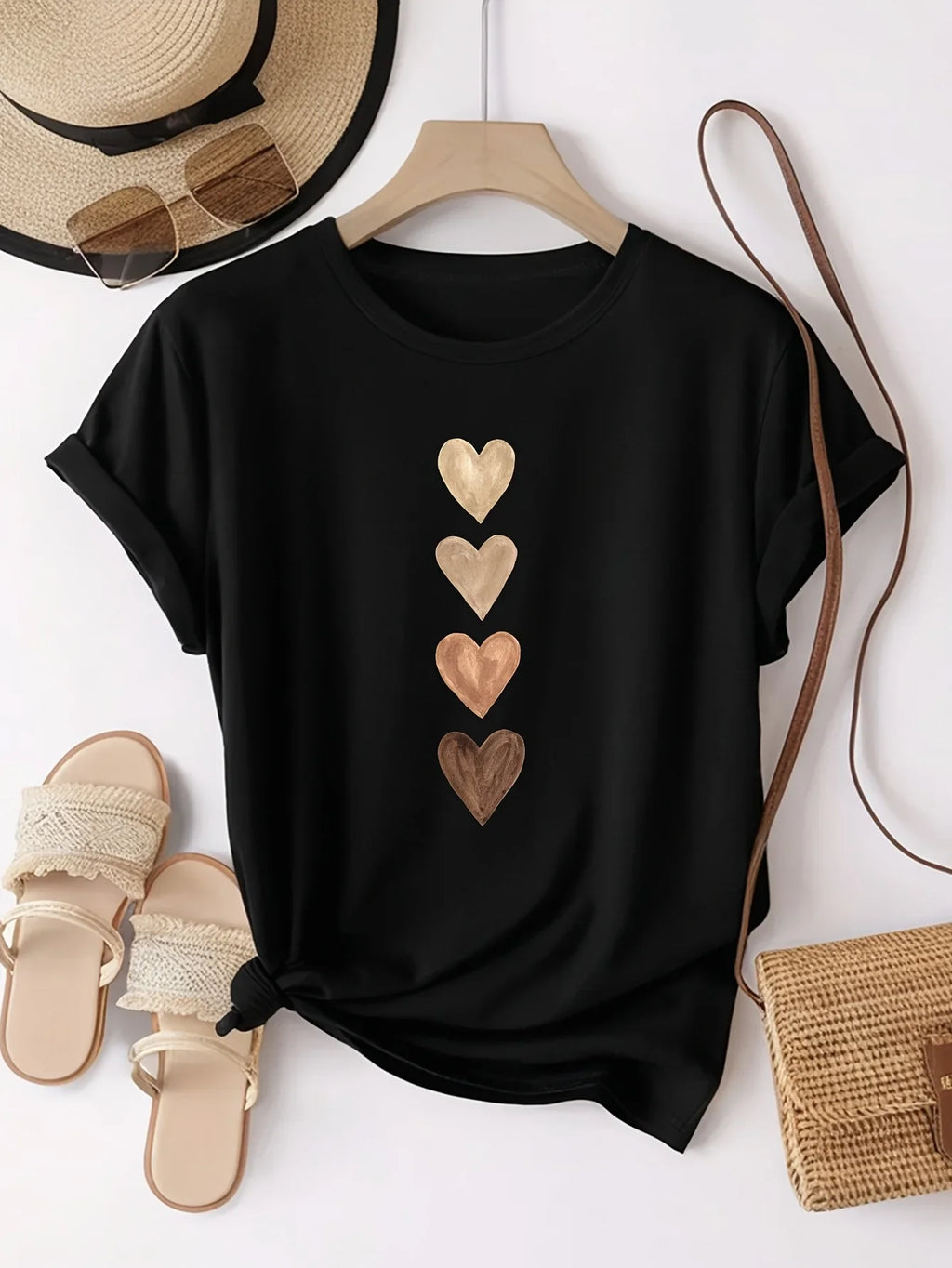 Women's Casual Short Sleeve T-Shirt with Four Heart Graphic Print -