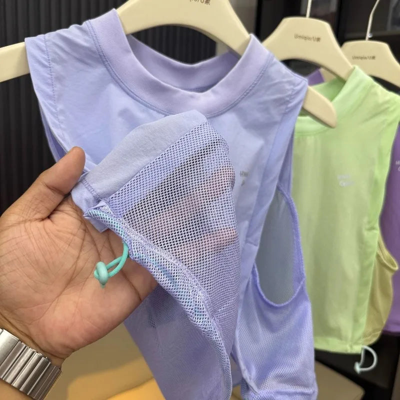 Women Hollowed Mesh Sports Vest Patchwork Ruffle Hem Sleeveless Loose