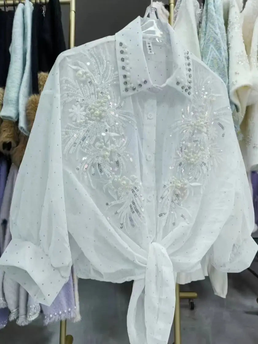 Luxury Diamonds Sequined Sunscreen Blouses Shirts Women 2026 Spring