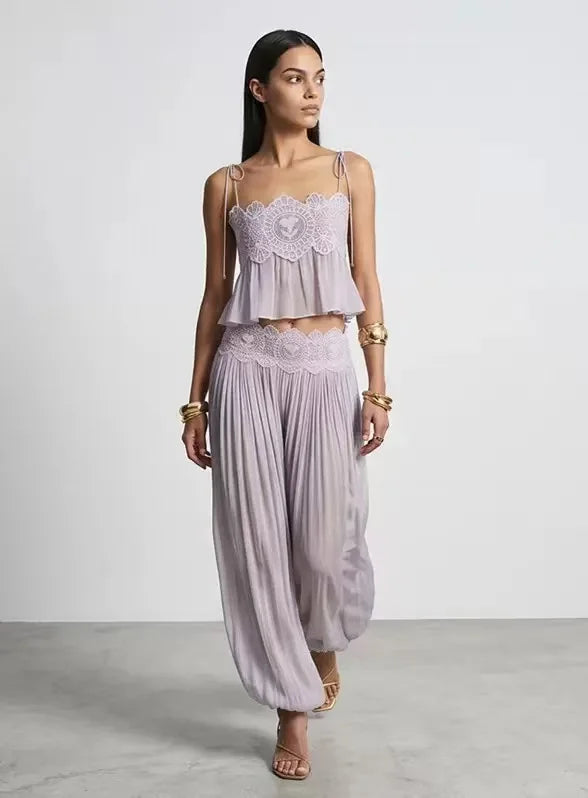 Beach Floral Lace Hollow Out Women's Pants Sets Ruffles Spaghetti