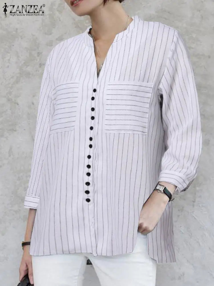 ZANZEA Women Vintage Striped Blouse Summer 3/4 Sleeve Loose Shirt