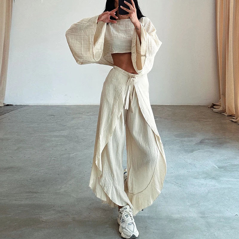 Spring Casual Solid Cotton Linen Suit Summer O Neck Crop Top+Lace-up