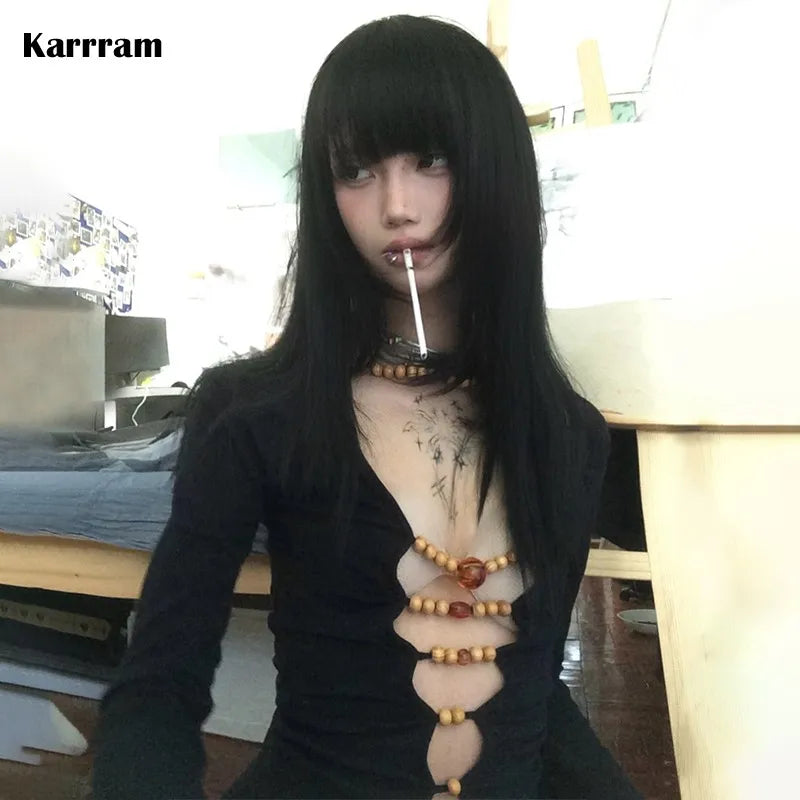 Karrram Japanese Y2k Hollow Out Tops Vintage Harajuku Beaded T Shirt
