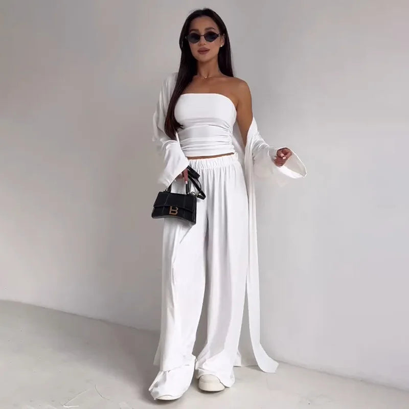 Women Pants 3 Piece Sets Cardigan Strapless Crop Top Straight Trousers