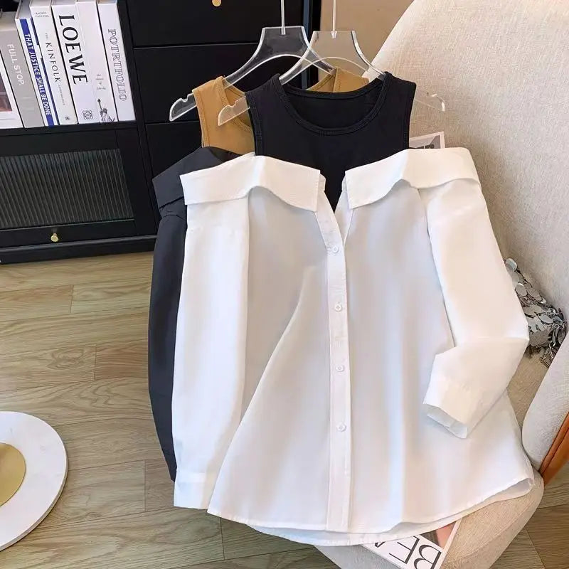 False Two Piece Polo Collar Blouse Women Shirt Loose Tank Patchwork
