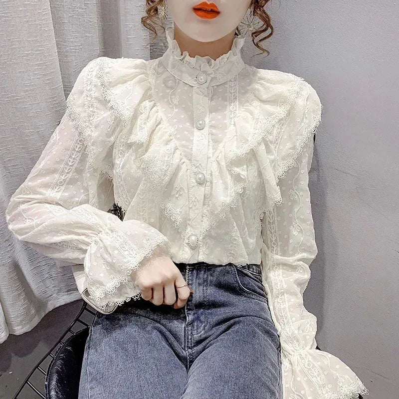 Long Sleeve Loose Spring Fashion Button White Shirt Elegant Stand