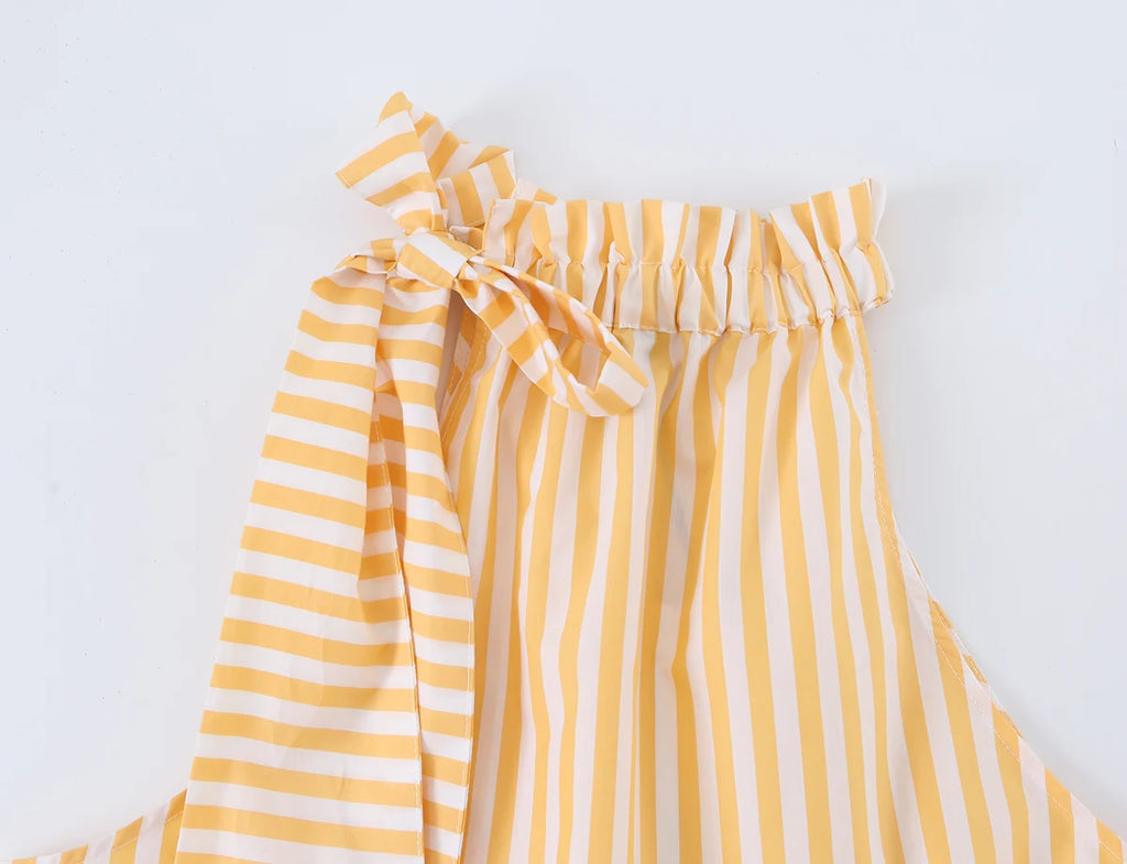 BSAY Women's Halter Neck Striped Tank Top Yellow White Striped Bow Tie