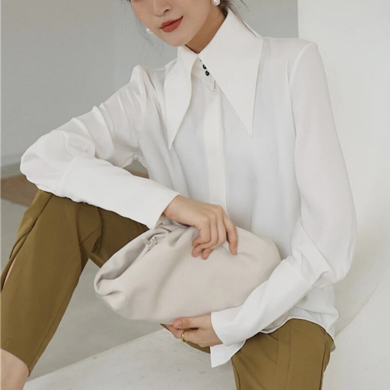 Stylish Elegant Turn Down Collar White Long Sleeve Satin Shirts