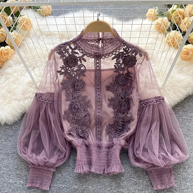 Lace Puff Long Sleeve Blouse Vintage Fashion Blouses Elegant Femme