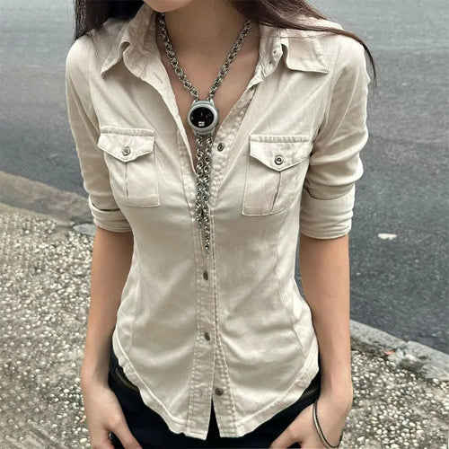 Half Sleeve Button Up Shirts for Woman Clothing Japanese 2000s Style