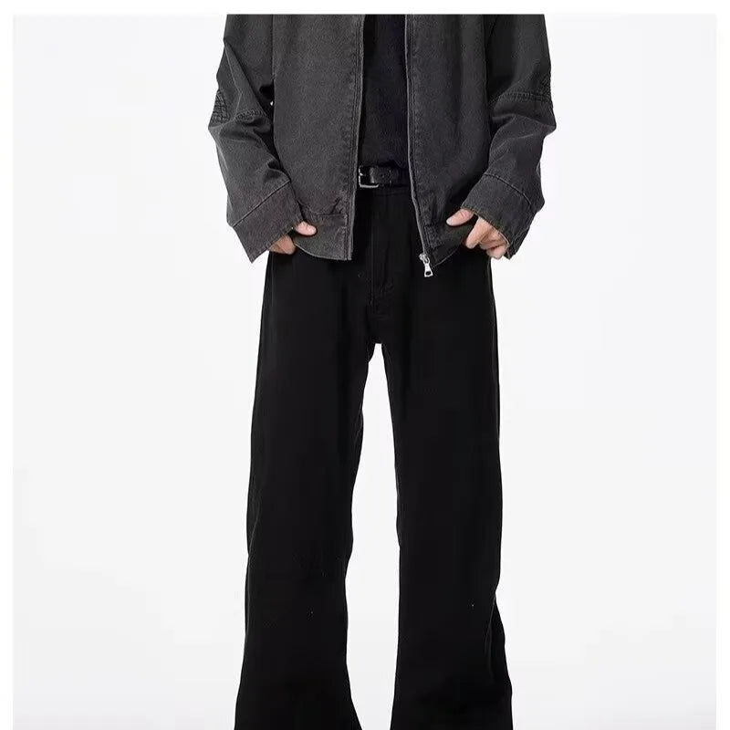American basic washed black micro flared jeans men's stretch straight