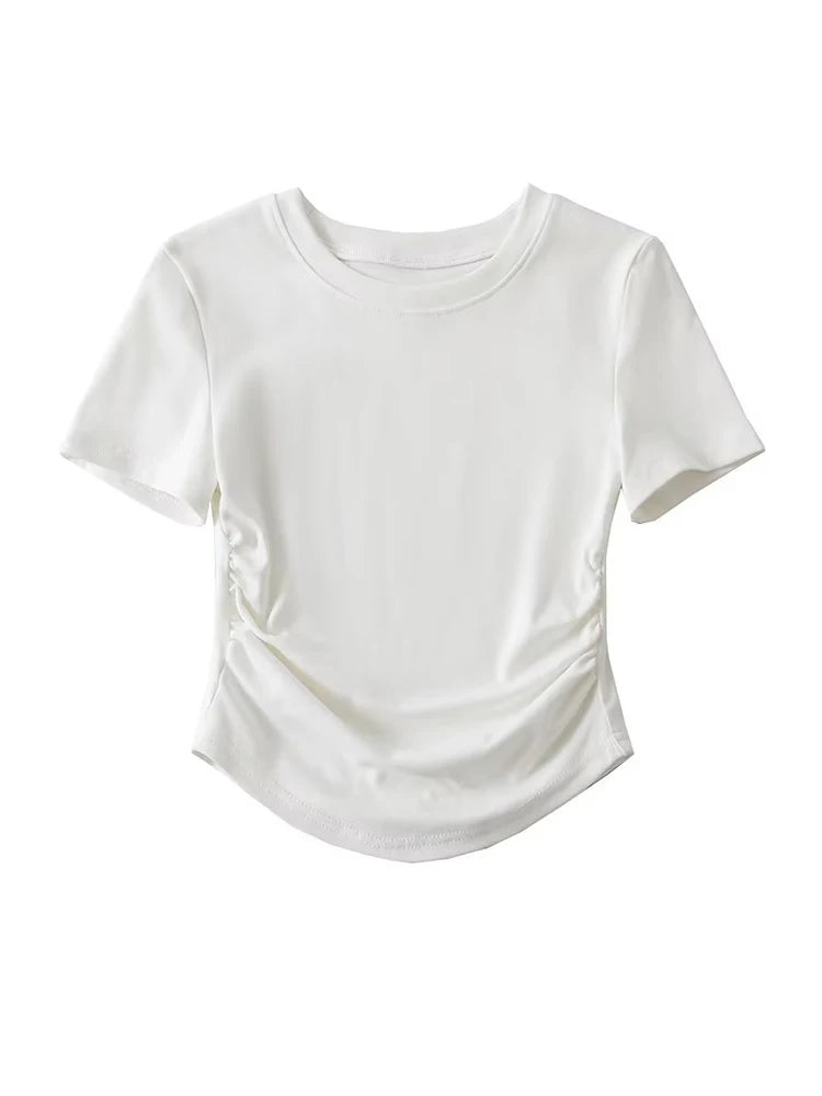 2024 Harajuku Women Crew Neck Short Sleeve Cotton Tee With Ruched