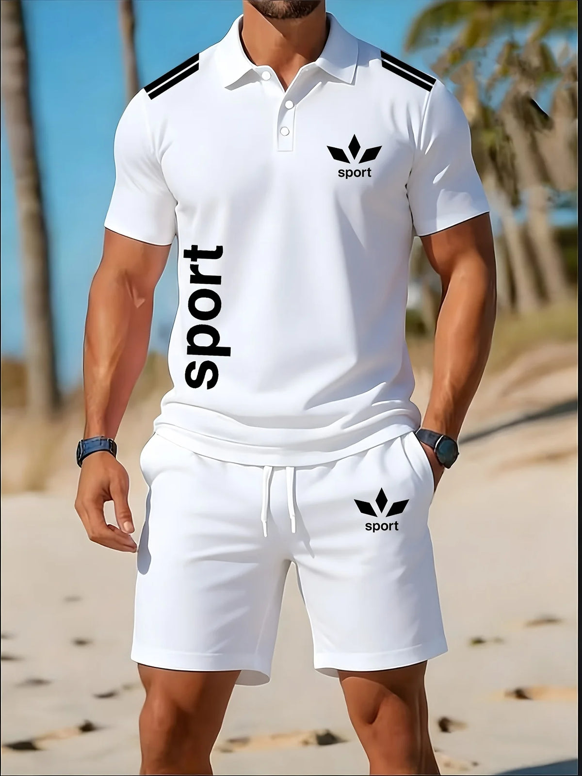 Men 2Pcs Set Short Sleeve Lapel Polo Shirt Drawstring Elastic Waist