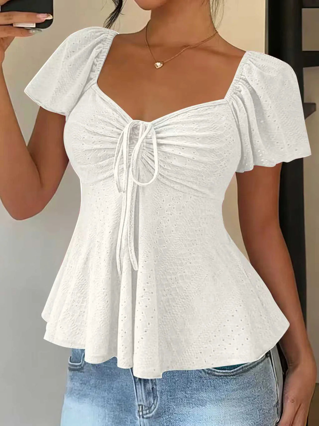2026 Women Y2k Summer Tops V-Neck Drawstring Sexy Lace Up Short Sleeve
