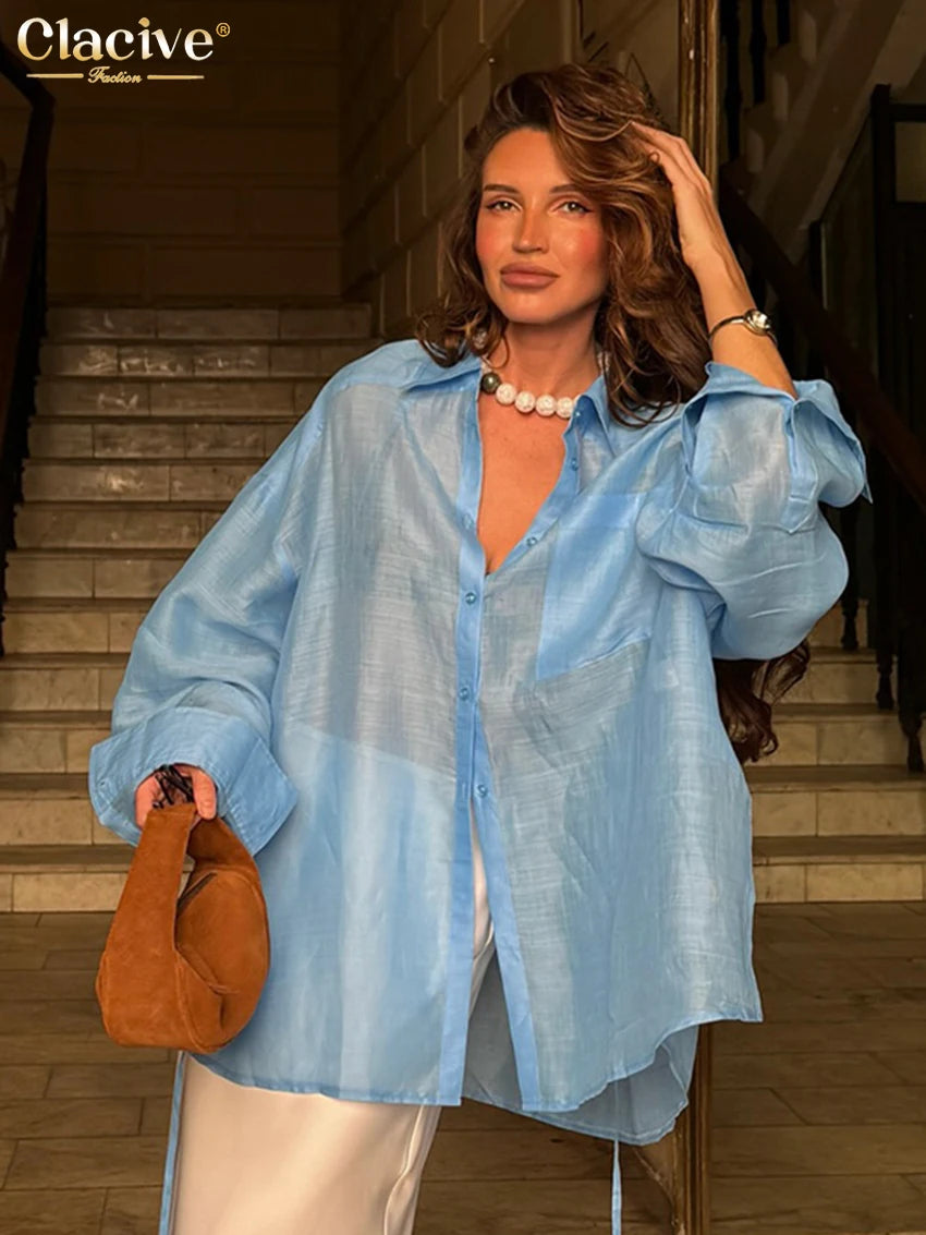 Clacive Fashion Loose Blue Women's Blouse 2025 Sexy Lapel Long Sleeve