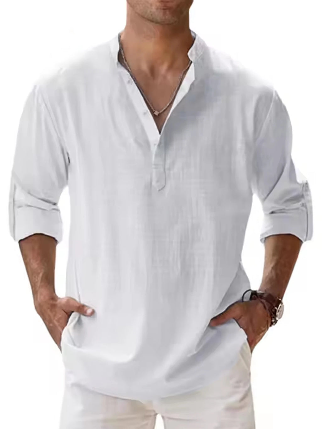 Men's Cotton Linen Henley Shirt Casual Long Sleeve Loose Fit Basic