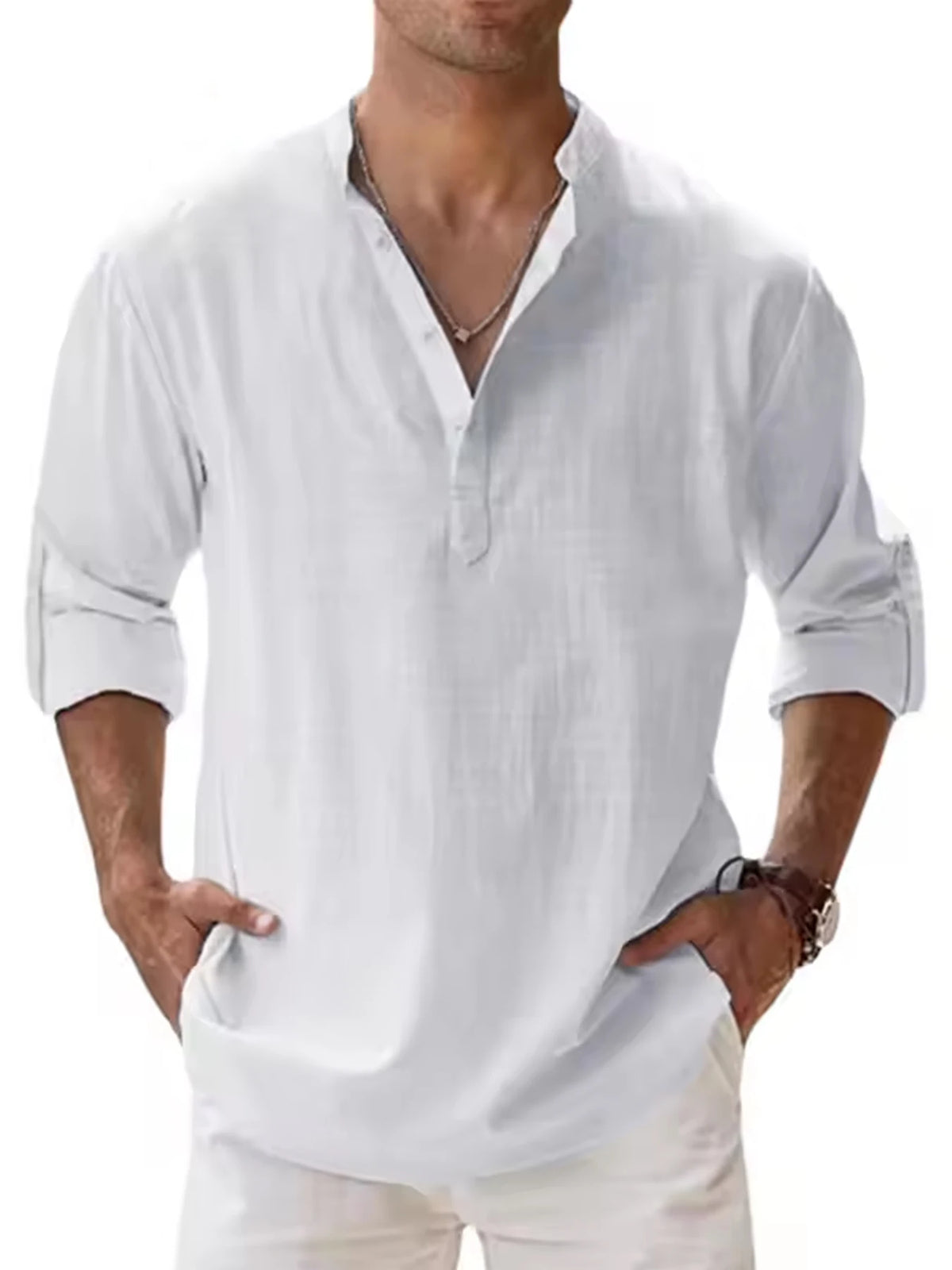 Men's Cotton Linen Henley Shirt Casual Long Sleeve Loose Fit Basic