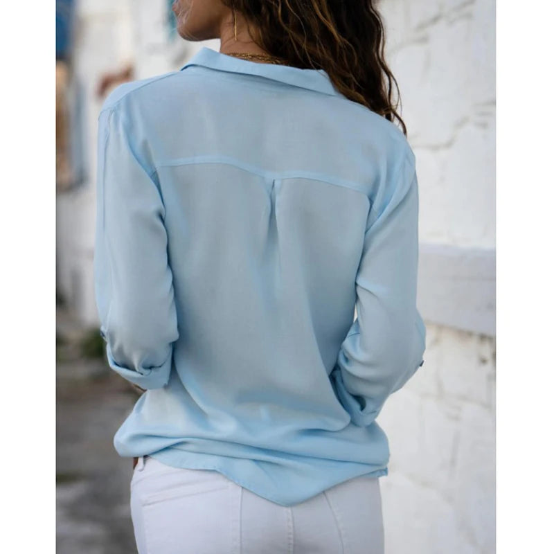 Autumn Shirt Women's Polo Collar Office Lady blouse Vintage Shirt