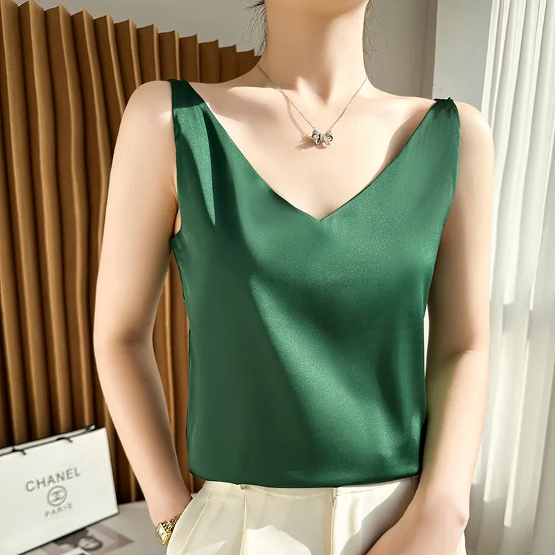 Silk Satin Women Double Shoulder Camisole Tank Top V-neck Sleeveless