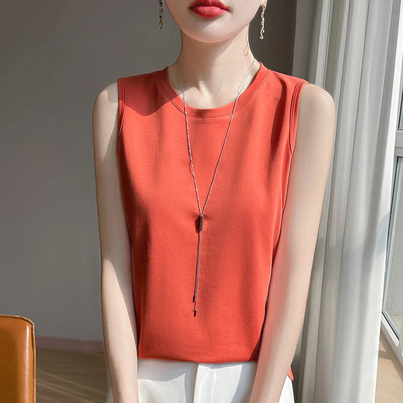 Spring And Summer 100% Cotton Round Neck Sleeveless T-shirt Women's