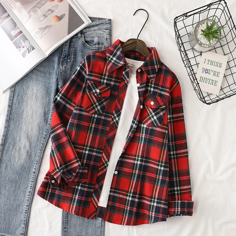 Cotton Flannel Plaid Shirts Women 2024 Autumn New Female Casual Slim